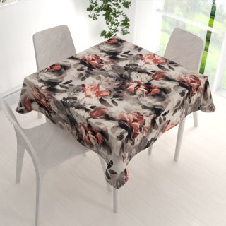 Dekorační čtvercový ubrus Parma PM-111 Cihlově červené květy na kouřově šedohnědém - detail 1 - Biante.cz