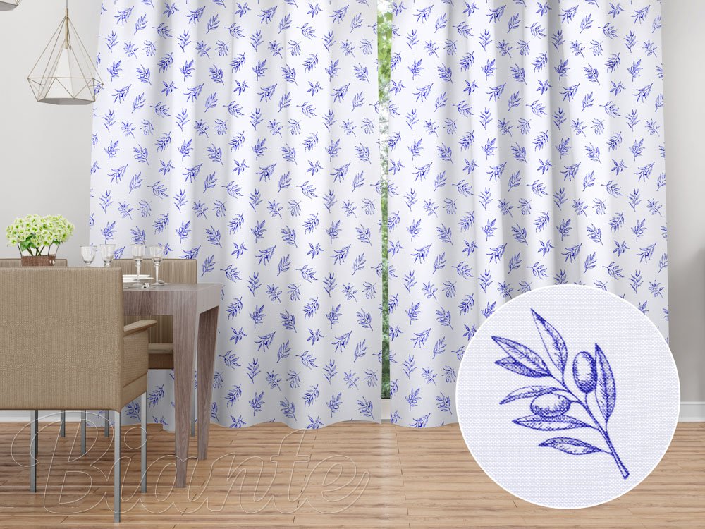 Dekorační závěs na míru TF-114 Modré olivové větvičky na bílém - Biante.cz