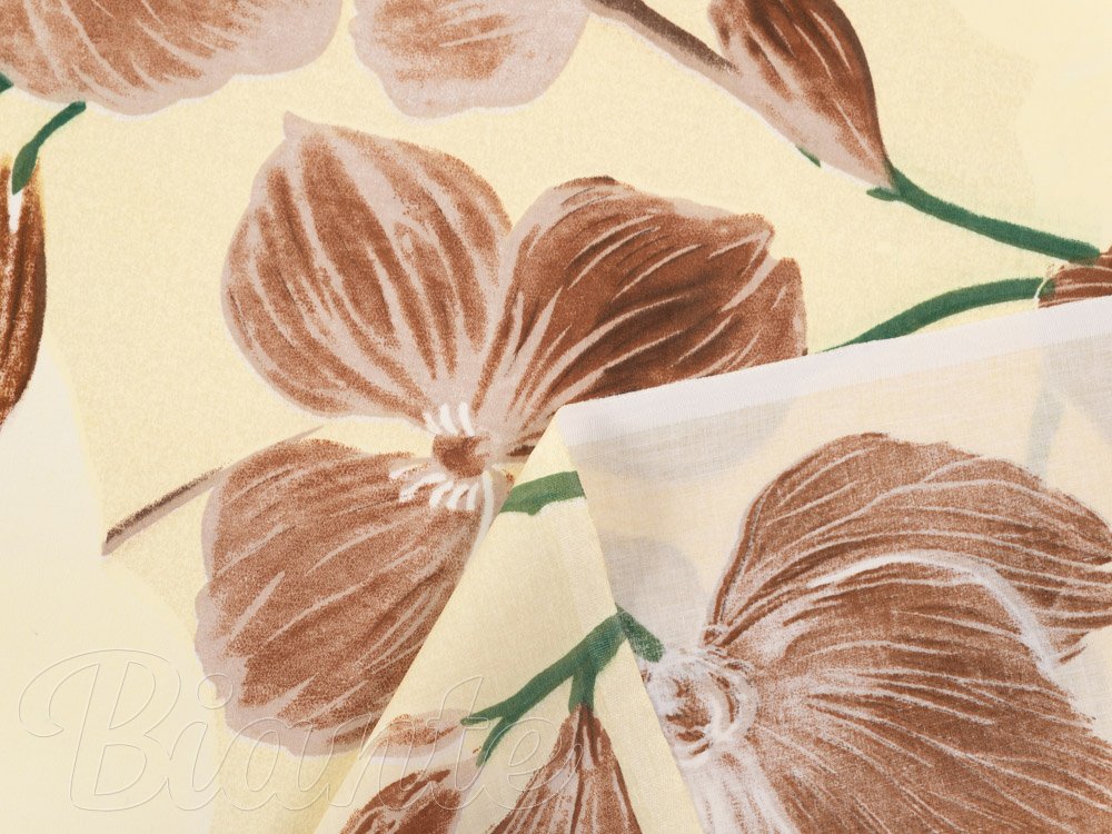 Bavlněná látka/plátno Sandra SA-536 Hnědé orchideje na vanilkově žlutém - šířka 160 cm - detail 4 - Binate.cz Bavlněná látka/plátno Sandra SA-536 Hnědé orchideje na vanilkově žlutém - šířka 160 cm - detail 4 - Binate.cz