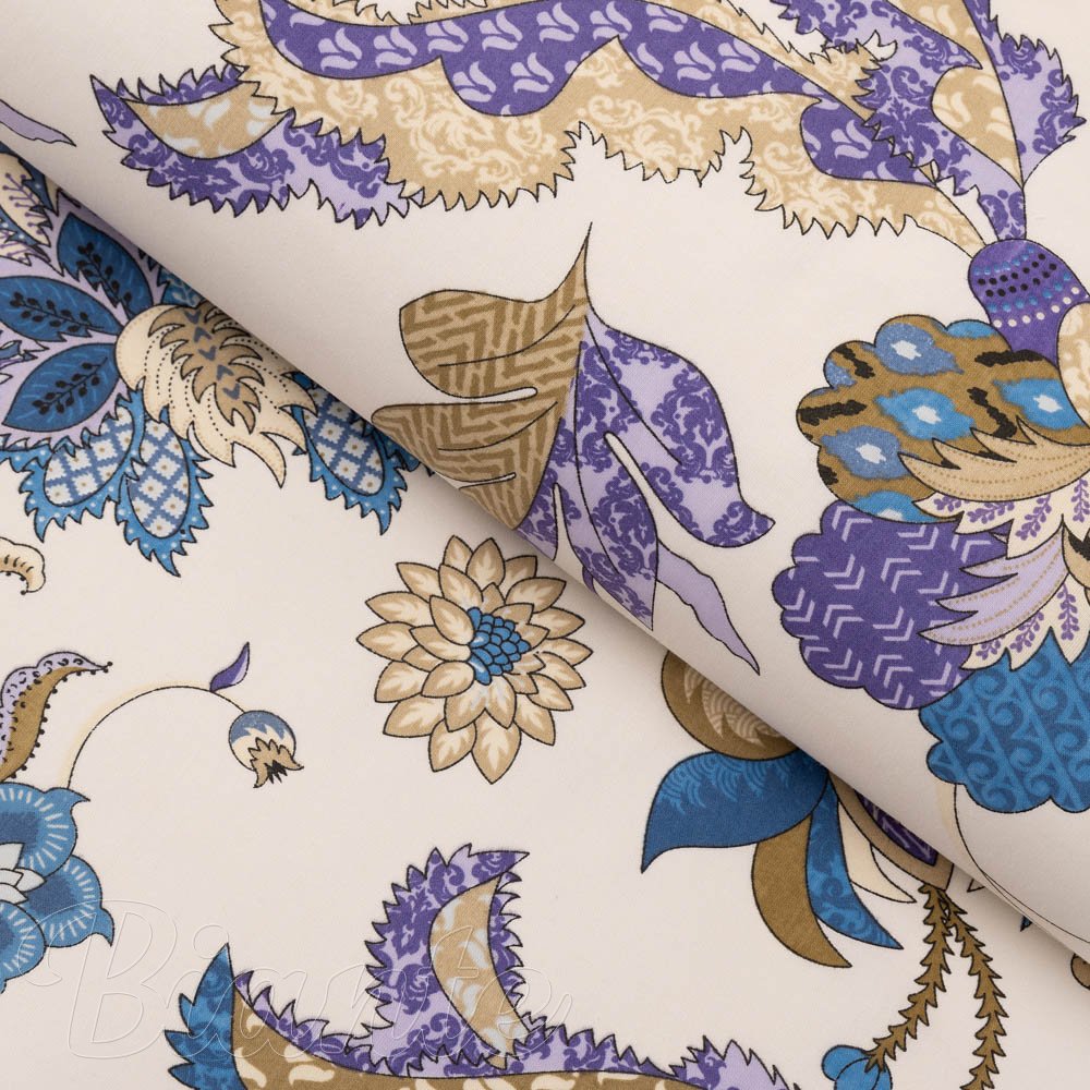 Bavlněná látka/plátno Sandra SA-539 Modro-fialové orientální květy na světle béžovém - šířka 160 cm - Biante.cz