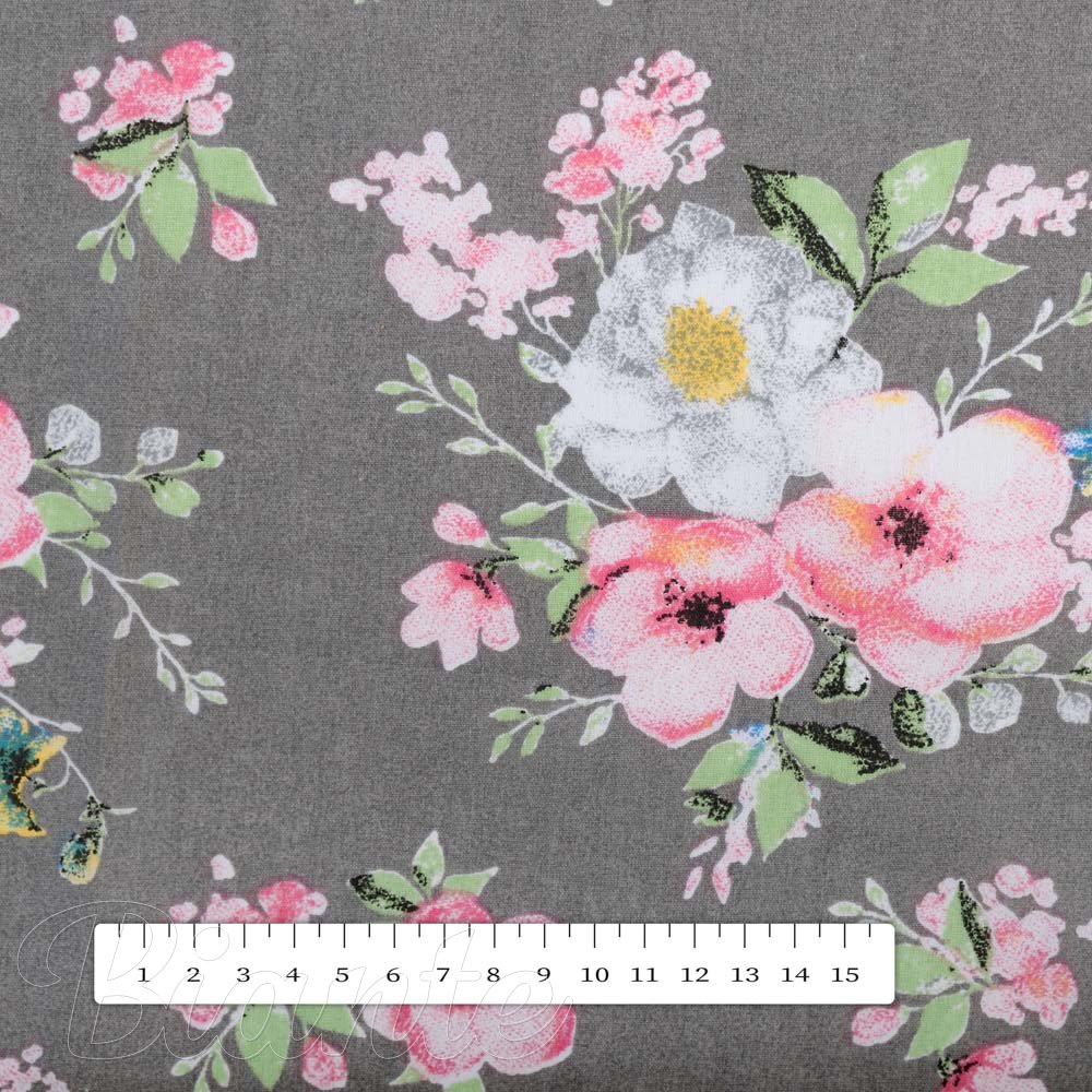 Bavlněná látka/plátno Sandra SA-553 Růžové květiny na šedém - šířka 160 cm - detail 3 - Biante.cz