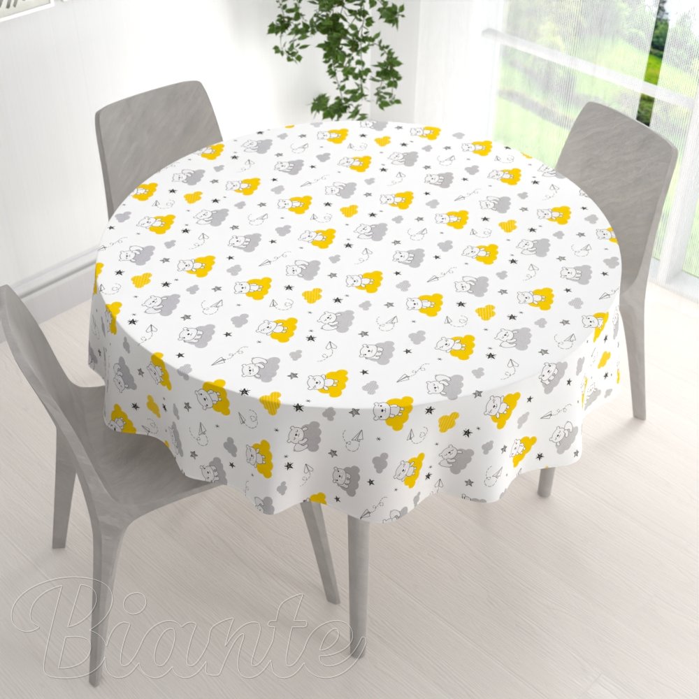 Dětský bavlněný kulatý ubrus Sandra SA-725 Medvídci na žluto-šedých mráčcích na bílém - detail 1 - Biante.cz