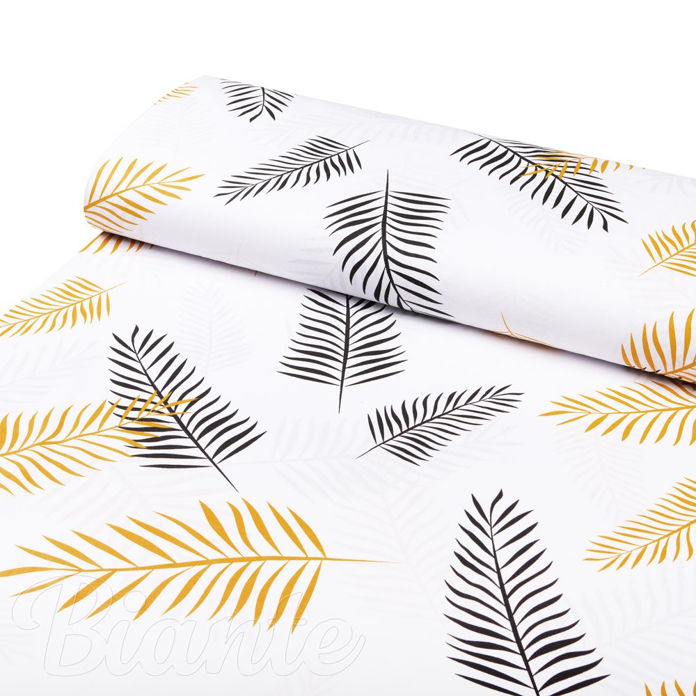 Bavlněná látka/plátno Sandra SA-219 Zlaté a černé palmové listy na bílém - šířka 160 cm - detail 1 - Biante.cz