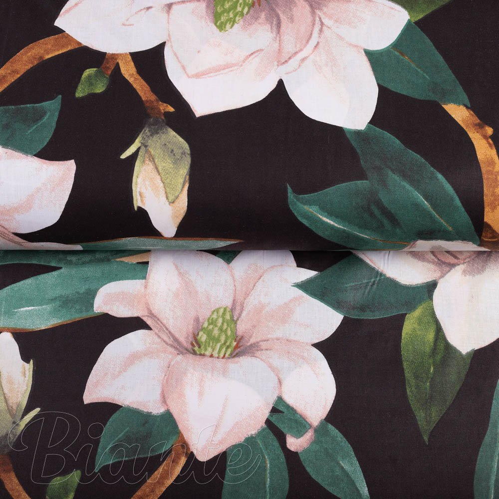 Bavlněná látka/plátno Sandra SA-300 Květy magnolie na černém - šířka 160 cm - detail 2 - Biante.cz