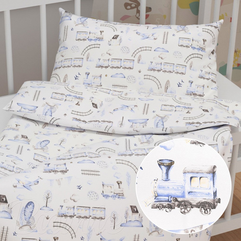 Dětské bavlněné povlečení do postýlky Sandra SA-690 Modré vláčky s letadýlky na bílém - Biante.cz