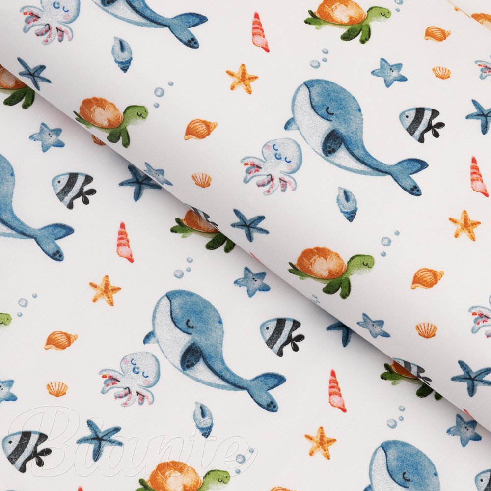 Dětská bavlněná látka/plátno Sandra SA-660 Modré velryby a mořská zvířátka na bílém - šířka 160 cm - Biante.cz