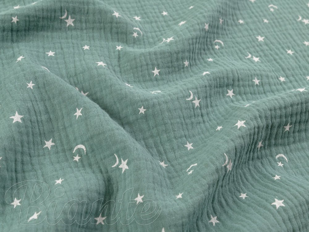 Mušelín dvojitá gázovina MSN-053 Noční obloha na pastelově modrozeleném - metráž šířka 155 cm - detail 3 - Biante.cz