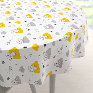 Dětský bavlněný kulatý ubrus Sandra SA-725 Medvídci na žluto-šedých mráčcích na bílém - Biante.cz