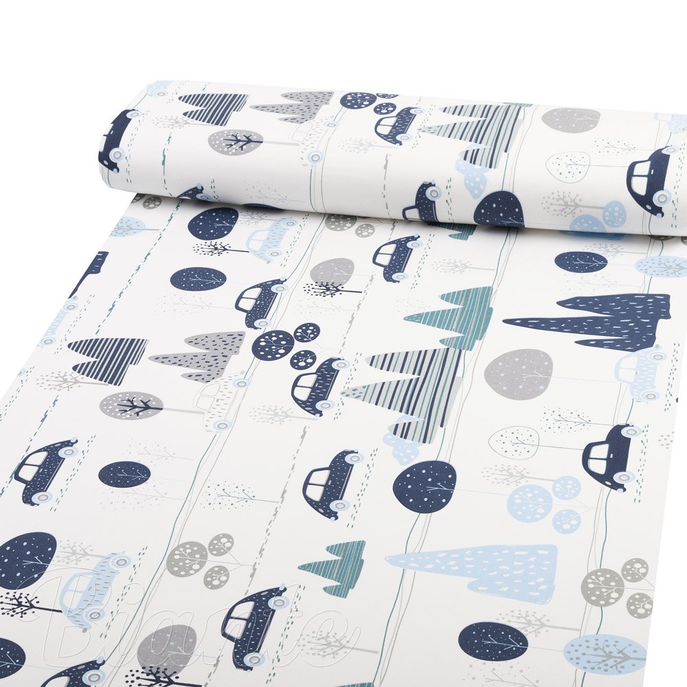 Dětská bavlněná látka/plátno Sandra SA-685 Modrá auta mezi stromy na bílém - šířka 160 cm - detail 1 - Biante.cz