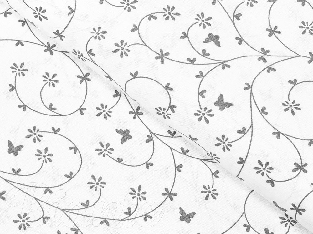 Bavlněná látka/plátno Sandra SA-049 Drobné šedé květiny a motýlci na bílém - šířka 145 cm - detail 1 - Biante.cz
