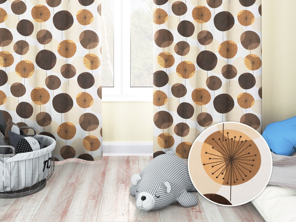 Dětský bavlněný závěs Sandra SA-488 Hnědo-béžové designové pampelišky - Biante.cz