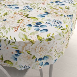 Bavlnený oválny obrus Sandra SA-668 Kvety a modro-zelené listy na bielom - Biante.sk Bavlnený oválny obrus Sandra SA-668 Kvety a modro-zelené listy na bielom - Biante.sk