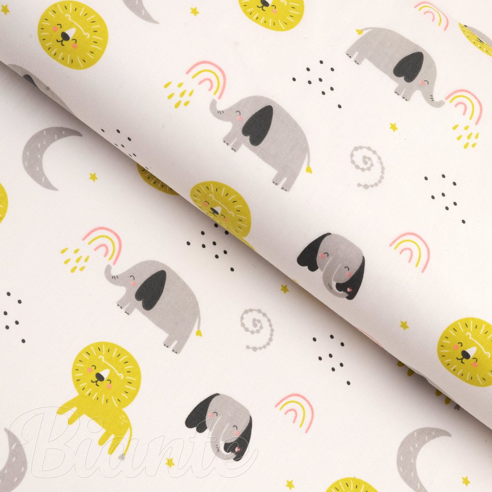 Detská bavlnená látka/plátno Sandra SA-649 Slony a levy na bielom - šírka 160 cm - Biante.sk