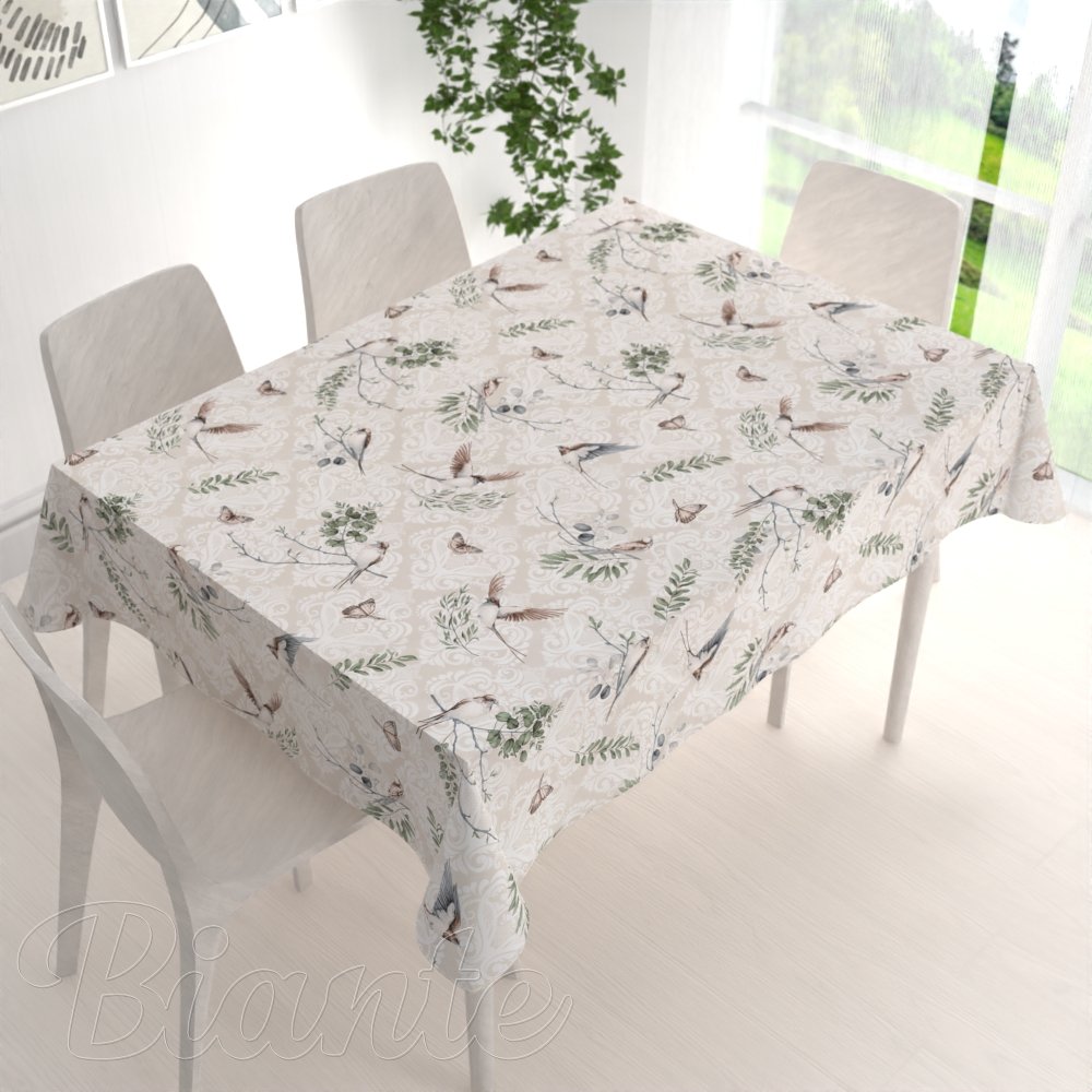 Bavlněný obdélníkový ubrus Sandra SA-490 Vlaštovky s motýlky na béžovém ornamentu - detail 1 - Biante.cz