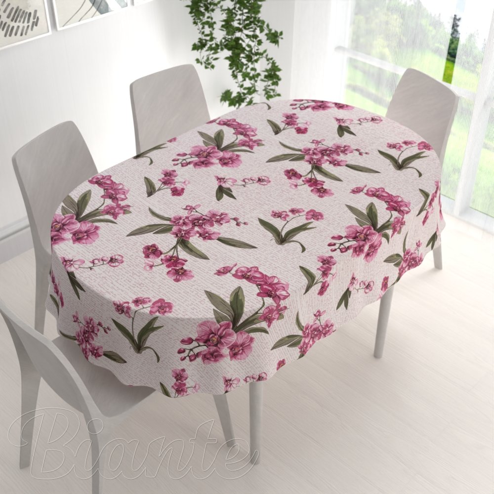 Bavlněný oválný ubrus Sandra SA-635 Růžovofialové orchideje na bílém - Biante.sk