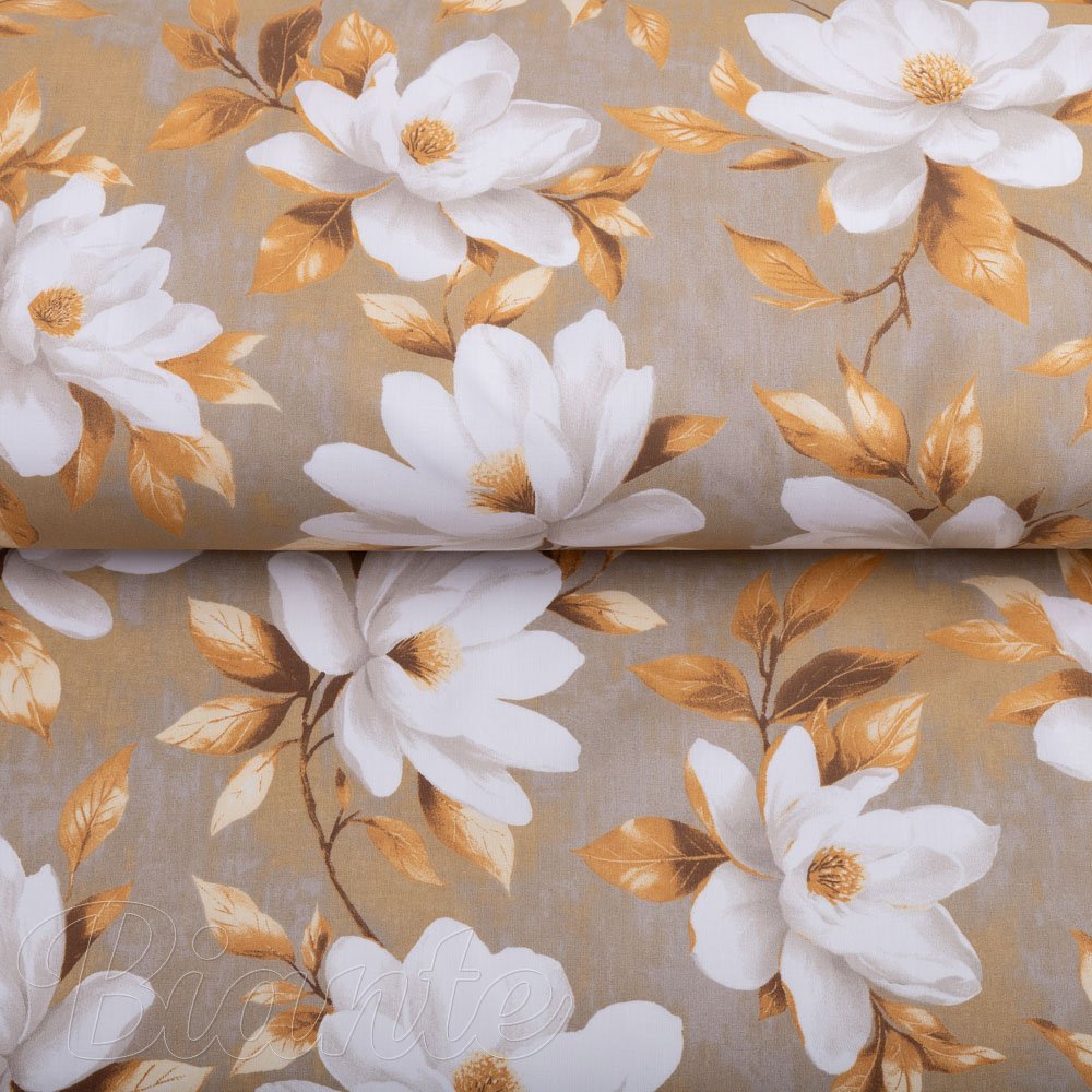 Bavlněná látka/plátno Sandra SA-717 Bílé květy magnolie na hnědošedém - šířka 160 cm - detail 2 - Biante.cz