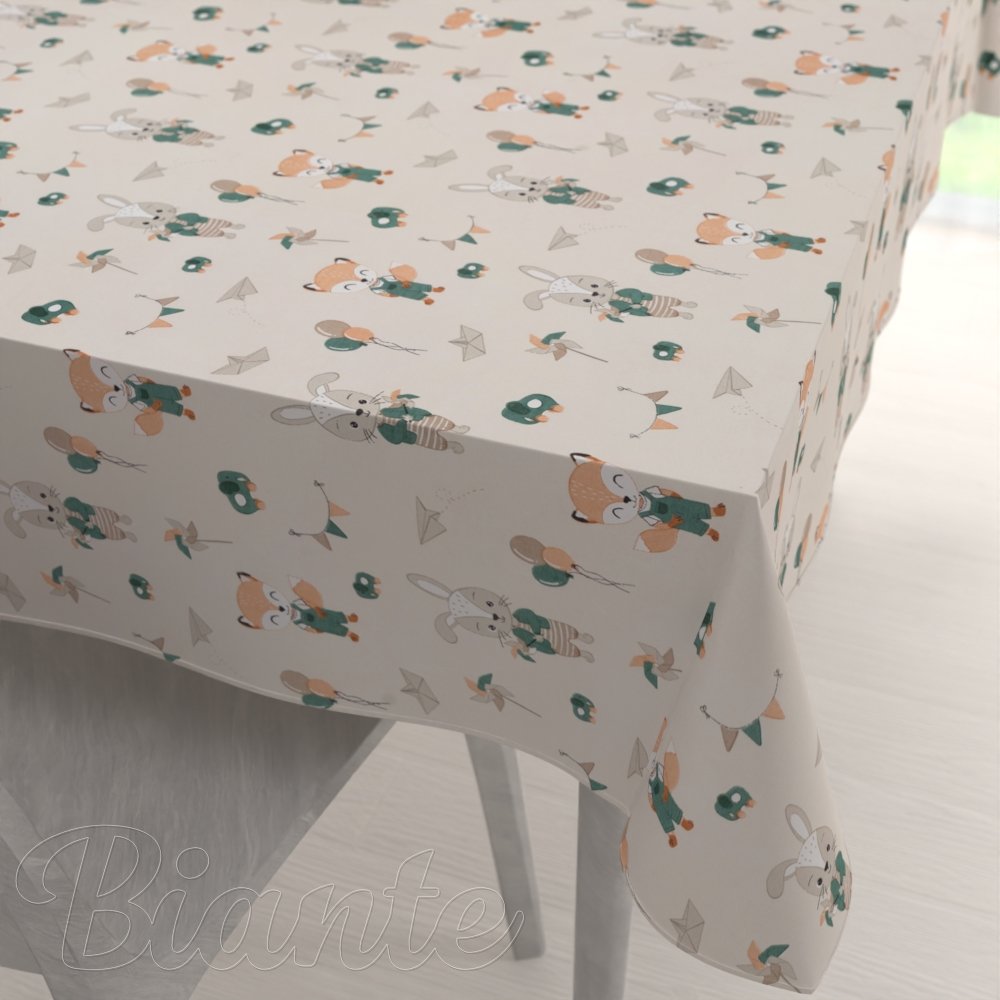 Dětský bavlněný obdélníkový ubrus Sandra SA-701 Zajíčci a lišky s balónky - zelené na světle béžovém - Biante.cz