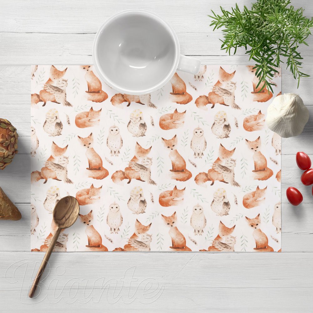 Dětské bavlněné prostírání na stůl Sandra SA-523 Lišky a sovy na bílém - Biante.cz