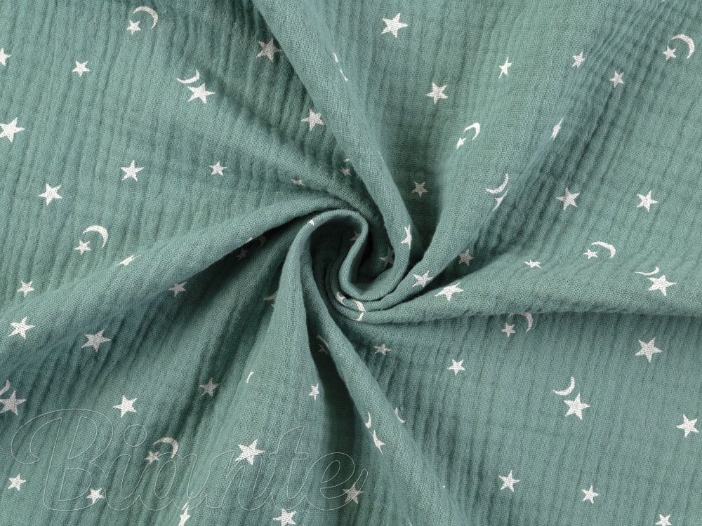 Mušelín dvojitá gázovina MSN-053 Noční obloha na pastelově modrozeleném - metráž šířka 155 cm - detail 1 - Biante.cz