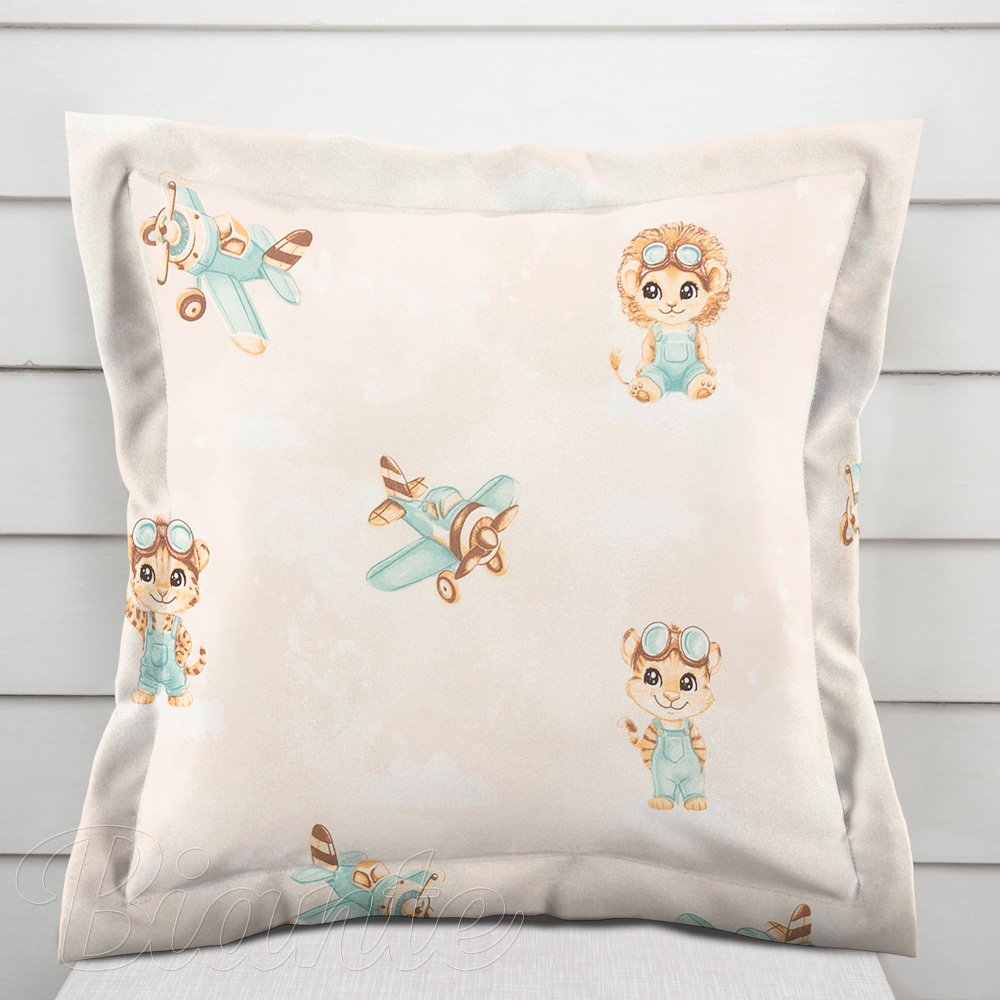 Dětský bavlněný povlak na polštář s lemem Sandra SA-686 Lvíčata s letadýlky na světle béžovém - Biante.cz