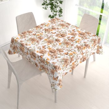 Bavlněný čtvercový ubrus Sandra SA-458 Hnědé květy magnolie s motýlky na bílém - detail 1 - Biante.cz