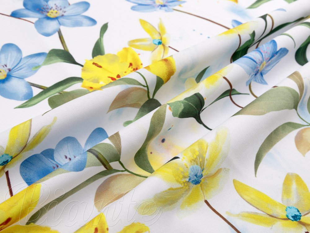 Teflonová látka na ubrusy TF-081 Žluto-modré lilie na bílém - šířka 155 cm - detail 2 - Biante.cz Teflonová látka na ubrusy TF-081 Žluto-modré lilie na bílém - šířka 155 cm - detail 2 - Biante.cz