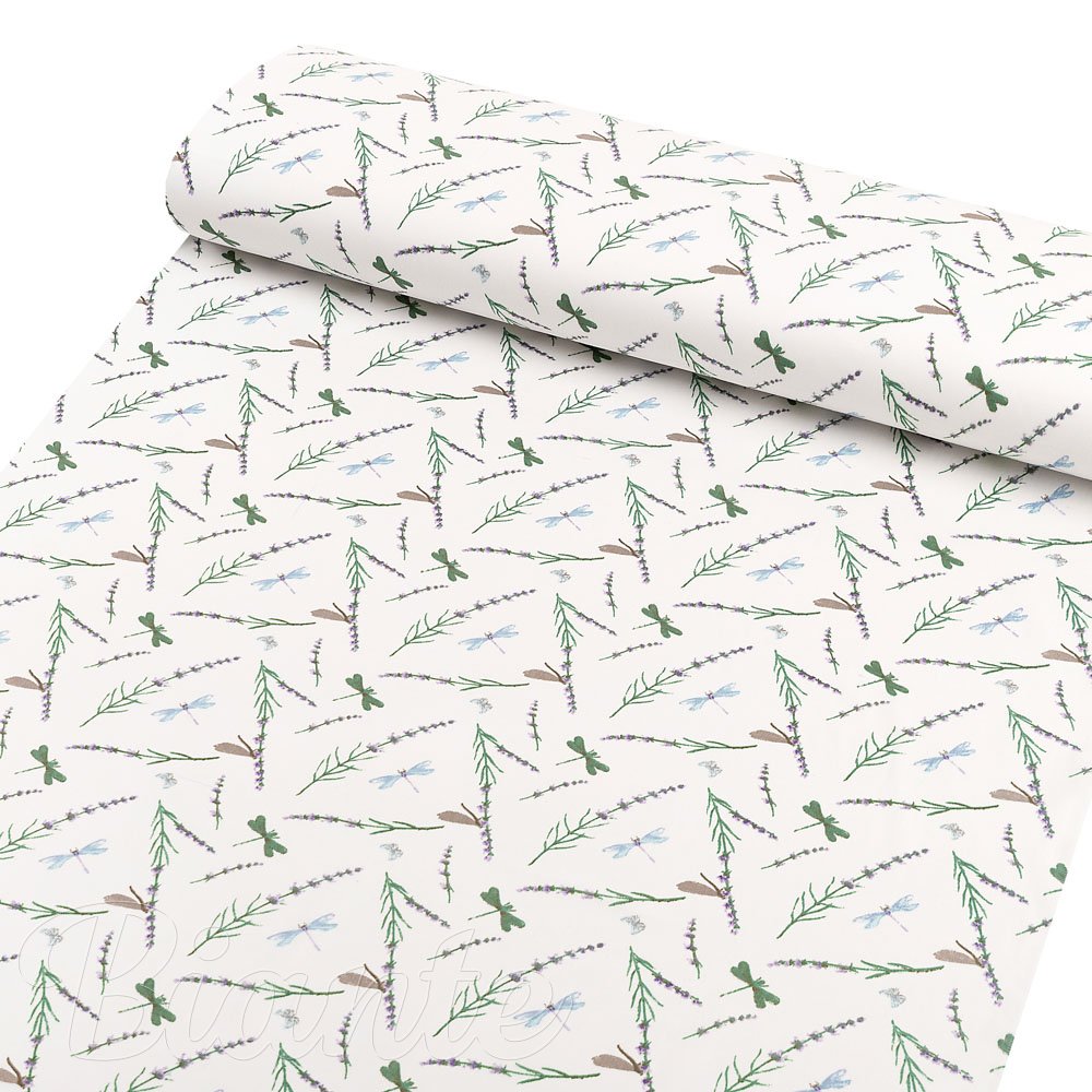 Bavlněná látka/plátno Sandra SA-560 Vážky a levandule na bílém - šířka 160 cm - detail 1 - Biante.cz