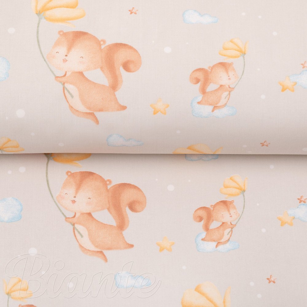 Detská bavlnená látka/plátno Sandra SA-525 Veveričky s kvietkami na sivobéžovom - šírka 160 cm - detail 2 - Biante.sk