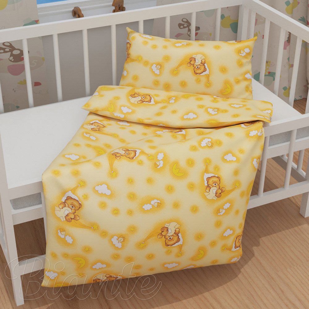 Dětské bavlněné povlečení do postýlky Sandra SA-727 Spící medvídci na žlutooranžovém - detail 1 - Biante.cz