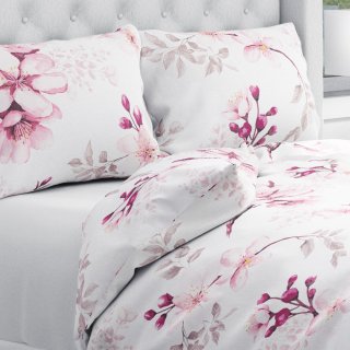 Bavlněné ložní povlečení Sandra SA-583 Růžové květy s větvičkami na bílém - Biante.cz