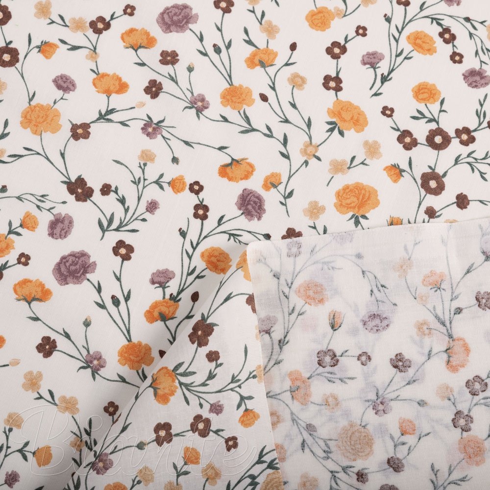 Bavlněná látka/plátno Sandra SA-720 Oranžovo-hnědo-béžové drobné květiny na smetanovém - šířka 160 cm - detail 4 - Biante.cz