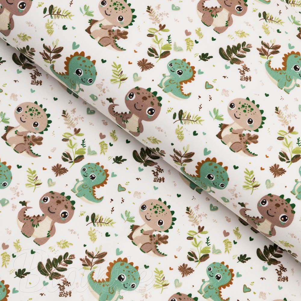 Dětská bavlněná látka/plátno Sandra SA-657 Zeleno-hnědí dinosauříci na bílém - šířka 160 cm - Biante.cz