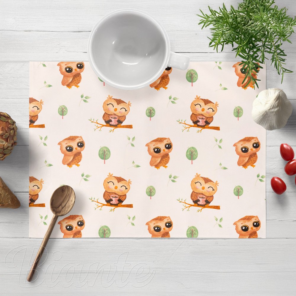 Dětské bavlněné prostírání na stůl Sandra SA-616 Sovičky na větvích na bílém - Biante.cz