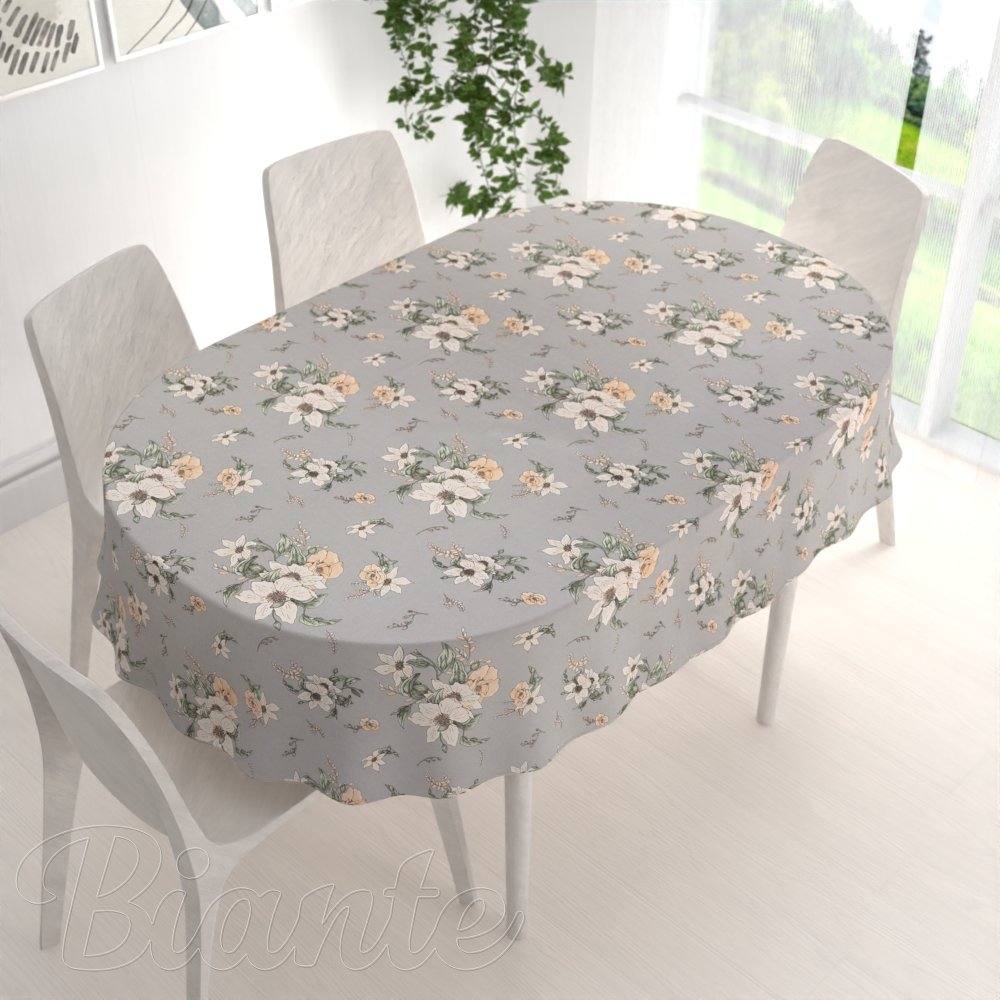 Bavlněný oválný ubrus Sandra SA-465 Oranžové květy na šedém - detail 1 - Biante.cz