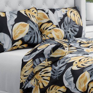 Bavlněné ložní povlečení Sandra SA-228 Šedé a zlaté tropické listy na černém - Biante.cz