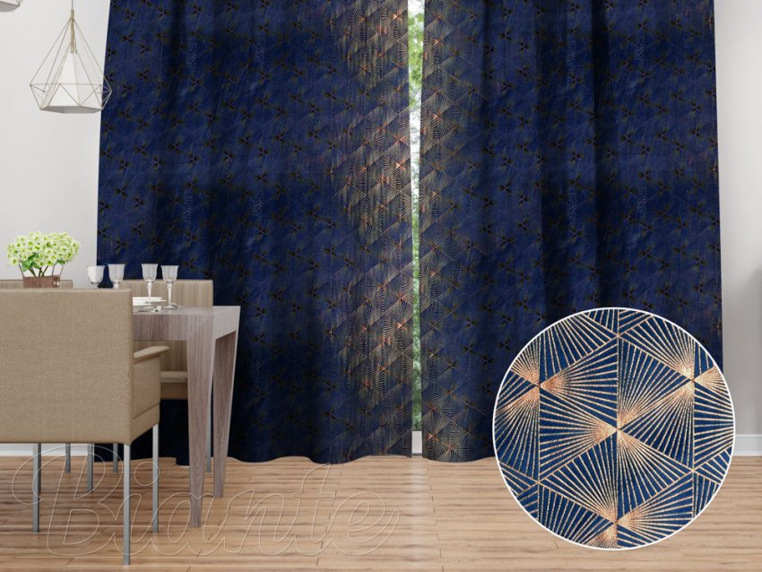 Sametový závěs na míru Isabela IBL-011 Rose Gold trojúhelníky na královsky modrém - Biante.cz