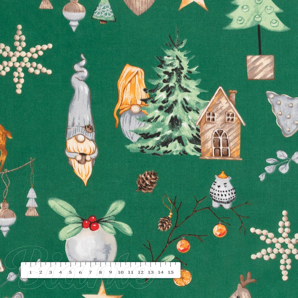 Bavlněná látka/plátno Sandra SA-508 Vánoční skřítci a ozdoby na zeleném - šířka 160 cm - detail 3 - Biante.cz
