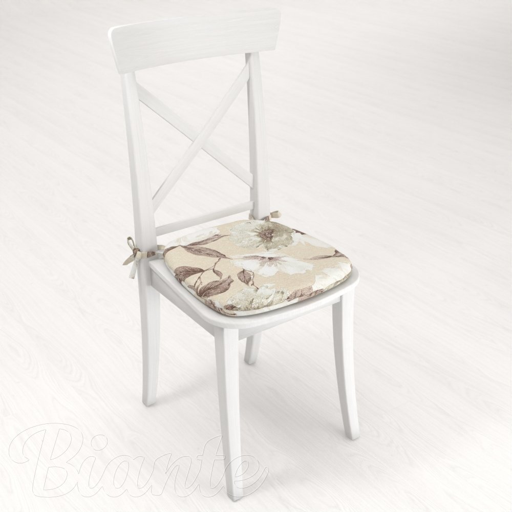 Oblý podsedák Porto PRT-011 Hnědo-bílé květy na béžovém - 39x37x3 cm - detail 2 - Biante.cz