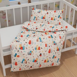 Detské bavlnené posteľné obliečky do postieľky Sandra SA-655 Mačací svet modro-červený na krémovom - detail 1 - Biante.sk
