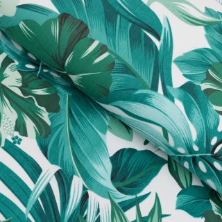 Bavlněná látka/plátno Sandra SA-484 Modro-zelené květy a listy monstery na bílém - šířka 160 cm - Biante.cz