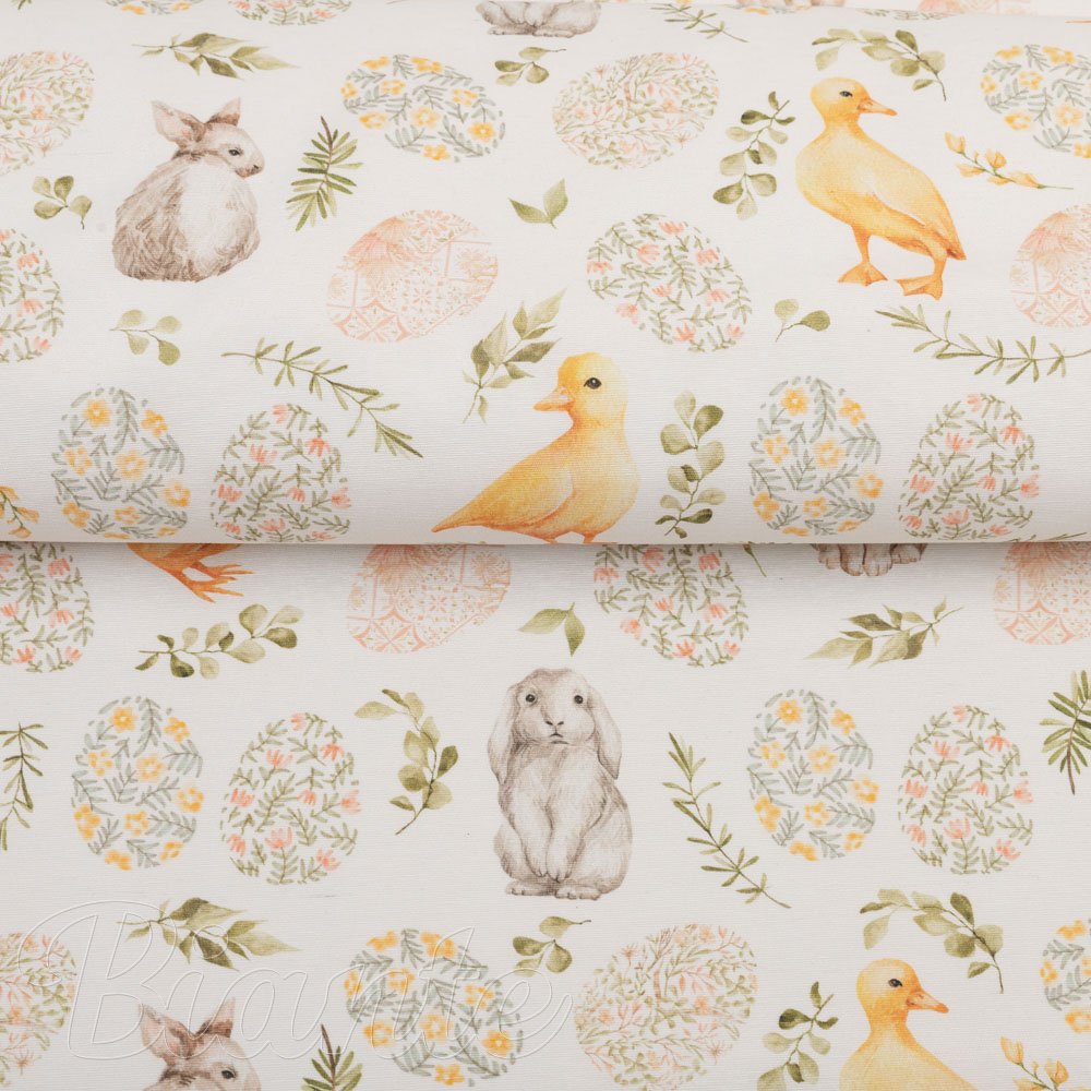 Dekorační látka Leona LN-177 Velikonoční zvířátka a kraslice na bílém - šířka 140 cm - detail 3 - Biante.cz