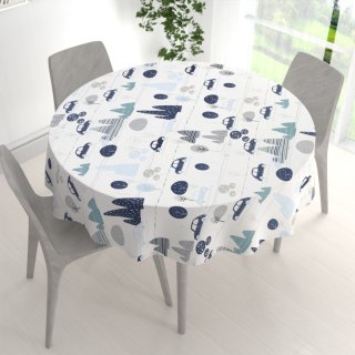 Dětský bavlněný kulatý ubrus Sandra SA-685 Modrá auta mezi stromy na bílém - detail 1 - Biante.cz