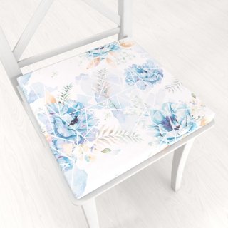Teflónový štvorcový podsedák TF-087 Modré kvety na geometrickom bielom - 38x38x3 cm - Biante.sk