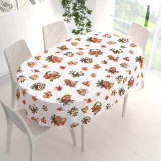 Vianočný bavlnený oválny obrus Sandra SA-515 Vianočné hviezdy a ozdoby na bielom - detail 1 - Biante.sk Vianočný bavlnený oválny obrus Sandra SA-515 Vianočné hviezdy a ozdoby na bielom - detail 1 - Biante.sk