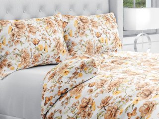 Bavlněné ložní povlečení Sandra SA-458 Hnědé květy magnolie s motýlky na bílém - Biante.cz Bavlněné ložní povlečení Sandra SA-458 Hnědé květy magnolie s motýlky na bílém - Biante.cz
