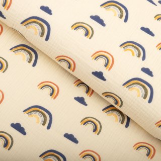 Mušelín dvojitá gázovina MSN-073 Duhy na krémově žlutém - metráž šířka 140 cm - Biante.cz Mušelín dvojitá gázovina MSN-073 Duhy na krémově žlutém - metráž šířka 140 cm - Biante.cz