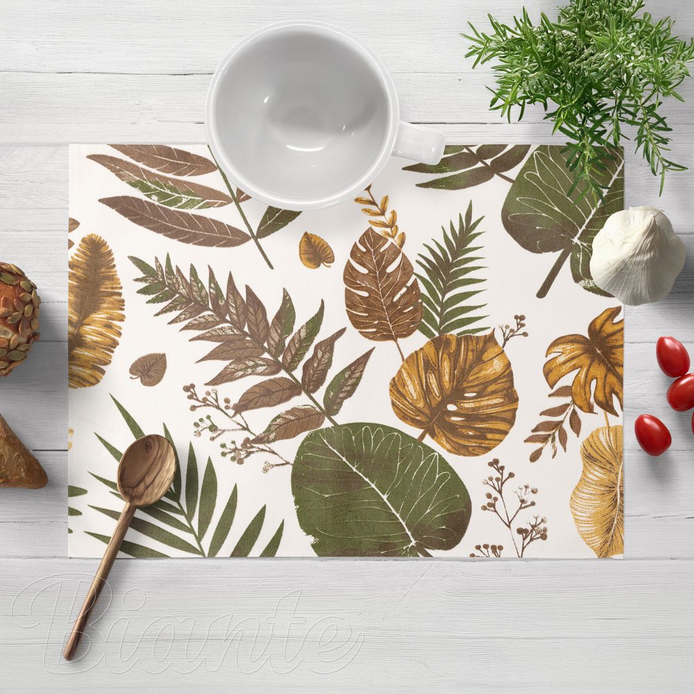 Bavlnené prestieranie na stôl Sandra SA-540 Hnedo-zelené listy na bielom - Biante.sk