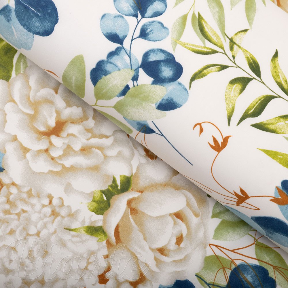 Bavlněná látka/plátno Sandra SA-668 Květy a modro-zelené listy na bílém - šířka 160 cm - Biante.cz