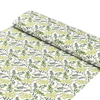Bavlněná látka/plátno Sandra SA-426 Zelené větvičky s lístky na bílém - šířka 145 cm - detail 1 - Biante.cz