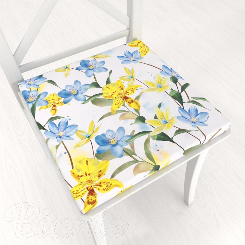 Teflonový čtvercový podsedák TF-081 Žluto-modré lilie na bílém - 38x38x3 cm - Biante.cz